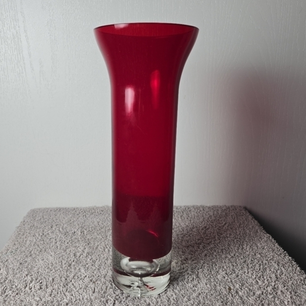 Vintage Amberina 12-inch Art Glass Vase Clear Floating Bubble Base